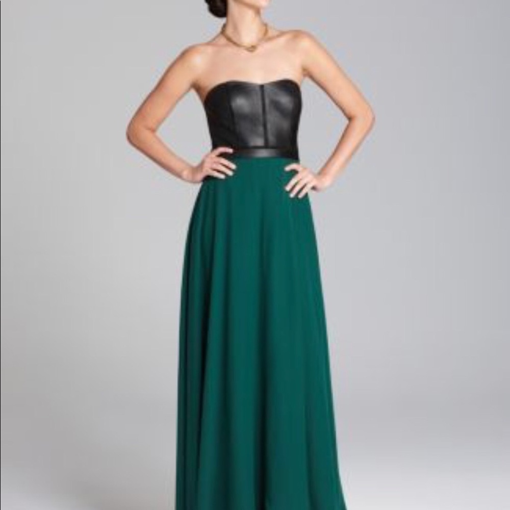 Leather and green dress.